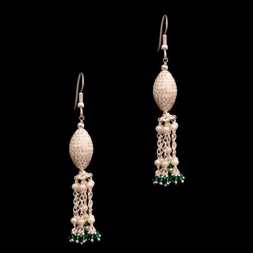 CZ STONE AND PEARL WITH GREEN HYDRO HANGING EARRINGS
