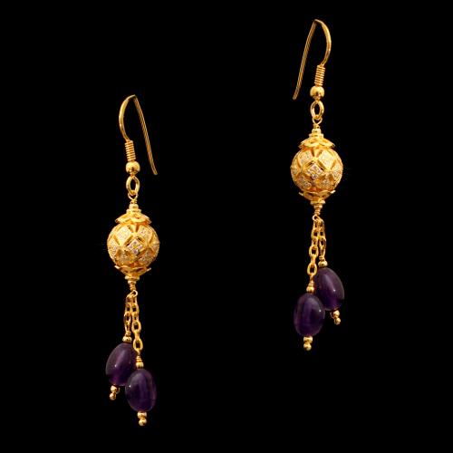 GOLD PLATED CZ AND AMETHYST HANGING EARRINGS