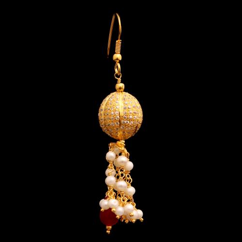 GOLD PLATED CZ AND PEARL WITH RED BEAD HANGING EARRINGS