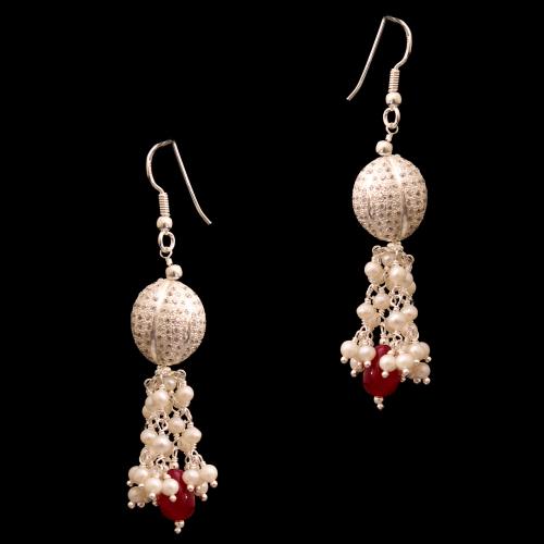 CZ AND RED BEADS WITH PEARL HANGING EARRINGS