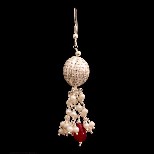 CZ AND RED BEADS WITH PEARL HANGING EARRINGS