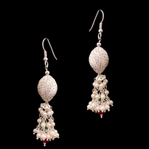 CZ WITH RED AND GREEN BEADS WITH PEARL HANGING EARRINGS