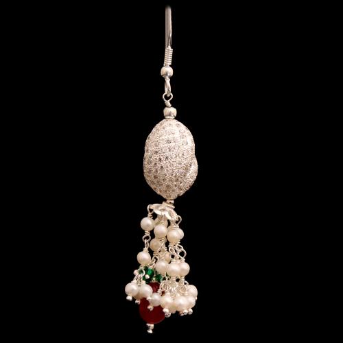 CZ WITH RED AND GREEN BEADS WITH PEARL HANGING EARRINGS