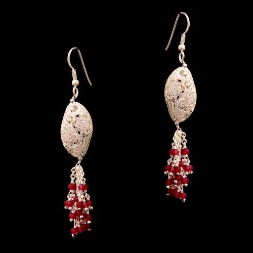 CZ AND RED BEAD HANGING EARRINGS