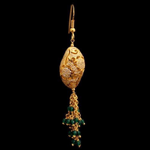 GOLD PLATED CZ AND GREEN BEADS HANGING EARRINGS