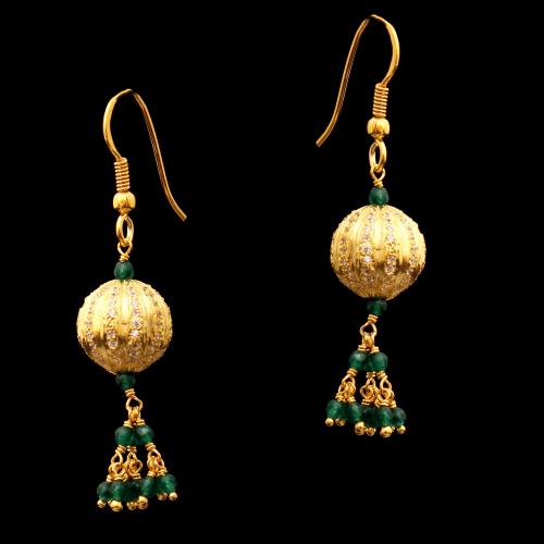 GOLD NPLATED CZ AND GREEN BEADS HANGING EARRINGS