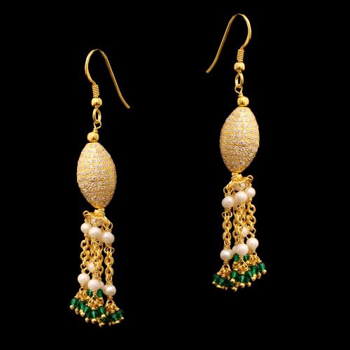 GOLD PLATED CZ ZND GREEN BEADS WITH PEARL HANGING EARRINGS