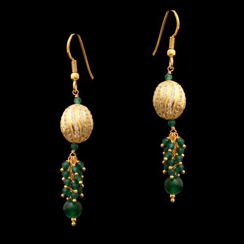 GOLD PLATED CZ AND GREEN GREEN BEADS HANGING EARRINGS
