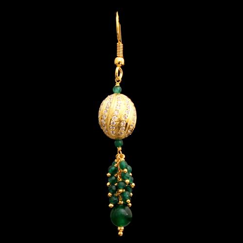 GOLD PLATED CZ AND GREEN GREEN BEADS HANGING EARRINGS
