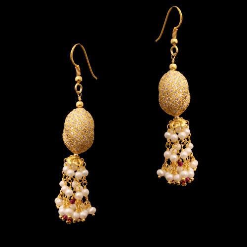 GOLD PLATED CZ AND RED BEADS AND PEARL HANGING EARRINGS