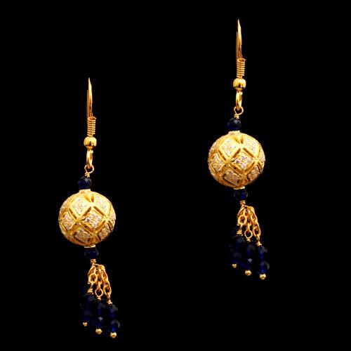 GOLD PLATED CZ AND BULE BEADS HANGING EARRINGS