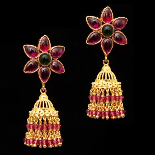 GOLD PLATE FLORA JHUMKAS WITH RED CORUNDUM AND GREEN HYDRO DROPS EARRINGS