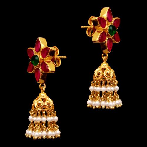 GOLD PLATE FLORA JHUMKAS WITH RED CORUNDUM AND GREEN HYDRO WITH PEARL DROPS EARRINGS