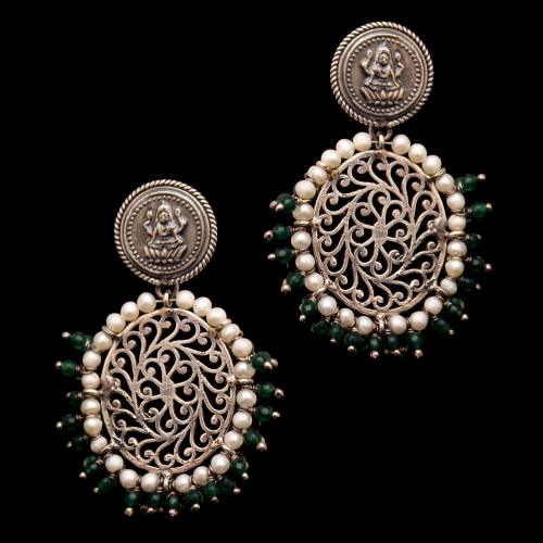 OXIDIZED LAKSHMI WITH GREEN JADE BEADS WITH PEARL DROPS EARRINGS