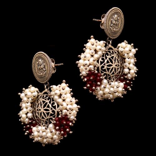 OXIDIZED LAKSHMI WITH RED JADE BEADS WITH PEARL DROPS EARRINGS