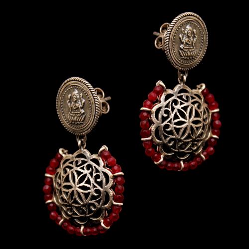 OXIDIZED LAKSHMI WITH RED JADE BEADS DROPS EARRINGS