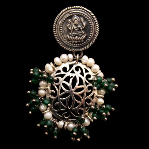 OXIDIZED LAKSHMI WITH GREEN JADE BEADS WITH PEARL DROPS EARRINGS