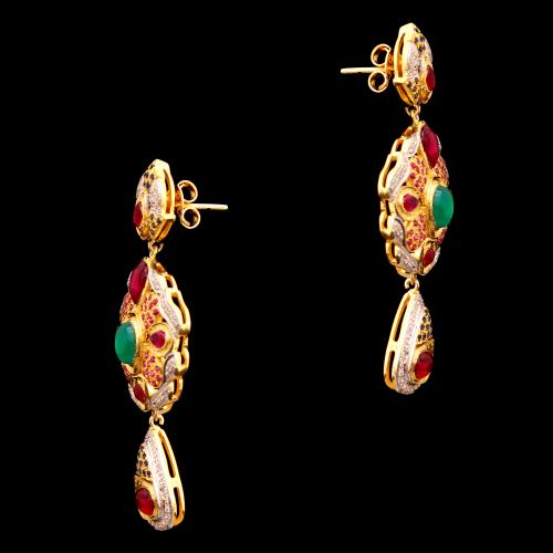 GOLD PLATED CZ WITH RED AND GREEN OYNX DROPS EARRINGS