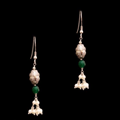 CZ AND GREEN OYNX WITH PEARL HANGING EARRINGS