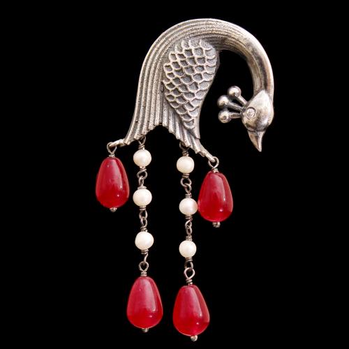 OXIDIZED SILVER PEACOCK EARRINGS WITH RED ONYX AND PEARL BEADS
