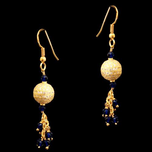 GOLD PLATED CZ HANGING EARRINGS WITH BLUE SAPPHIRE BEADS