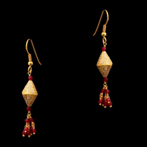 GOLD PLATED CZ HANGING EARRINGS WITH RUBY BEADS