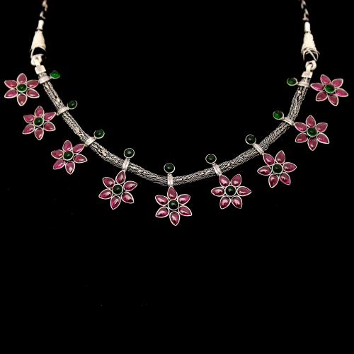 OXIDIZED RED GREEN ONYX FLORAL NECKLACE