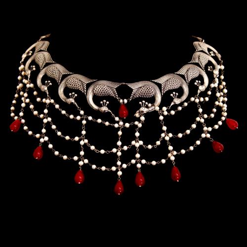 OXIDIZED SILVER PEACOCK NECKLACE WITH PEARL AND RED ONYX BEADS