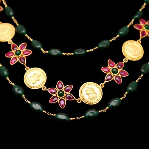 GOLD PLATED RED AND GREEN OYNX LAKSHMI COIN NECKLACES
