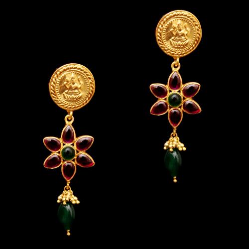 GOLD PLATED RED AND GREEN OYNX LAKSHMI DROPS EARRINGS