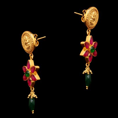 GOLD PLATED RED AND GREEN OYNX LAKSHMI DROPS EARRINGS