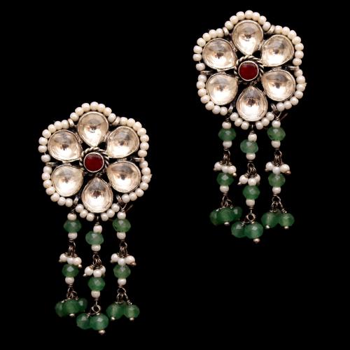 KUNDAN STONE DROPS EARRING  WITH GREEN HYDRO AND PEARL BEADS