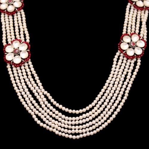 KUNDAN STONE NECKLACE WITH RED CORUNDUM AND PEARL BEADS