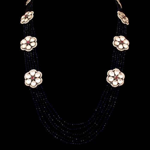 KUNDAN STONE NECKLACE WITH BLUE SAPPHIRE AND PEARL BEADS