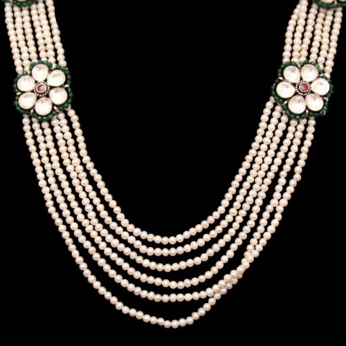 KUNDAN STONE NECKLACE WITH GREEN HYDRO AND PEARL BEADS