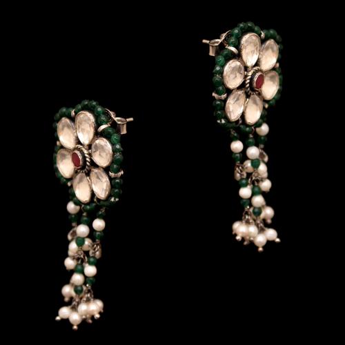 KUNDAN STONE DROPS EARRINGS  WITH GREEN HYDRO AND PEARL BEADS