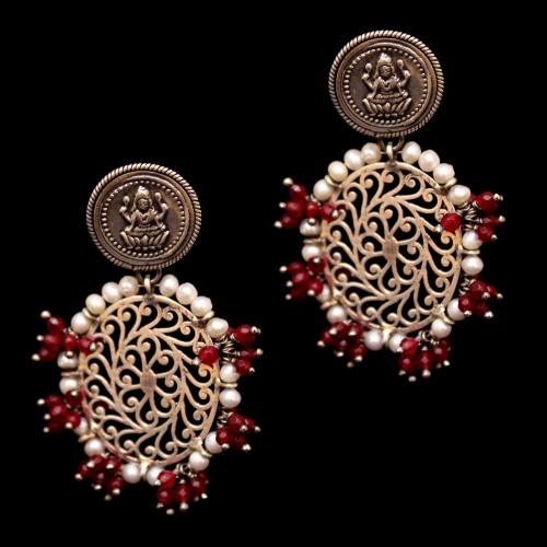 OXIDIZED SILVER LAKSHMI DROPS EARRINGS WITH PEARL AND RED CORUNDUM BEADS