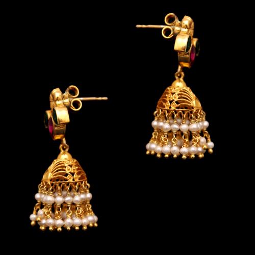 GOLD PLATED  RED WITH GREEN HYDRO AND PEARL DROPS JHUMKA EARRINGS
