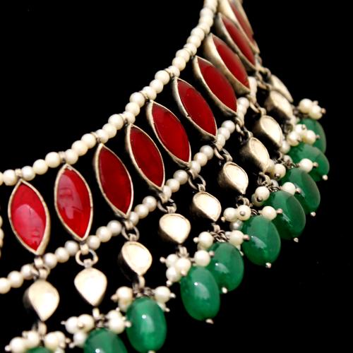 OXIDIZED SILVER RED AND GREEN ONYX WITH KUNDAN AND PEARL NECKLACE