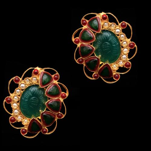 GOLD PLATED RED CORUNDUM AND KUNDAN WITH PEARL DROPS EARRINGS