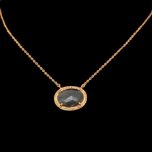 GOLD PLATED JASPER AND CZ PENDANT WITH CHAIN