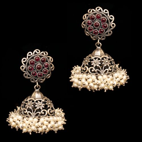 OXIDIZED SILVER JHUMKAS WITH RED CORUNDUM AND PEARL BEADS