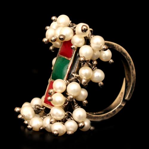 OXIDIZED SILVER ENAMEL RING WITH PEARL BEADS