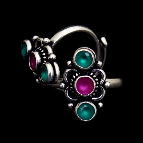 OXIDIZED SILVER RED AND GREEN CORUNDUM TOE RINGS