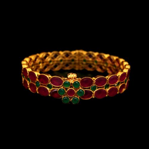 GOLD PLATED RED AND GREEN CORUNDUM KADA AND SCREW BANGLES