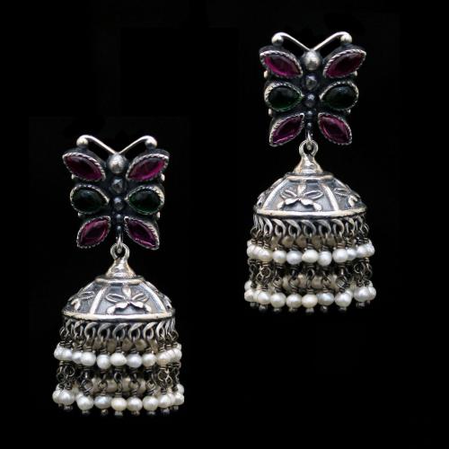 OXIDIZED SILVER RED MARQUISE AND PEARL BEADS JHUMKAS