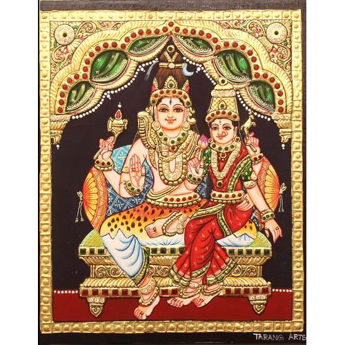 22ct Gold Shiva Parvathi Rishaba vahana Tanjore Painting